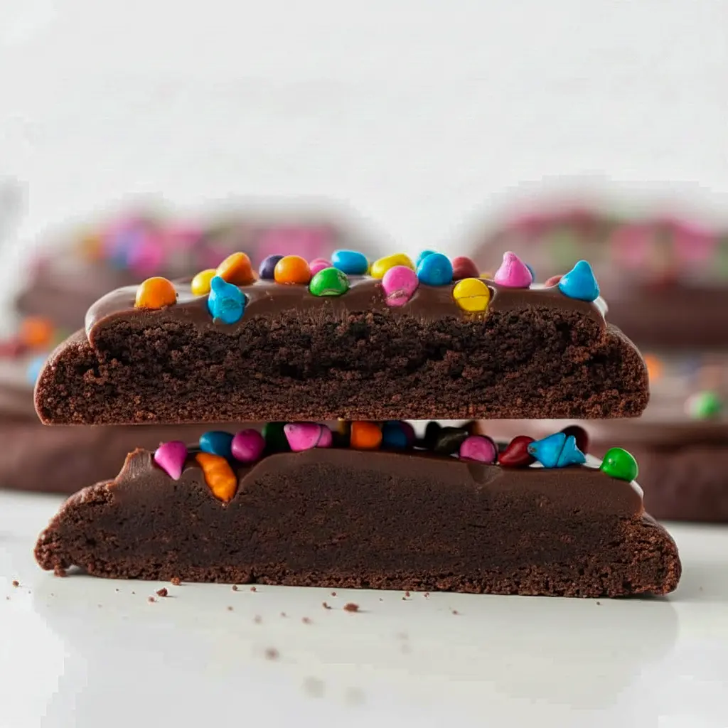 A stack of Cosmic Brownie Cookies with glossy chocolate frosting and colorful sprinkles, styled like a nostalgic Cookie Brownie Recipe and perfect for Fun Recipes Desserts.