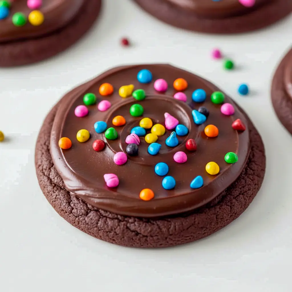 A stack of Cosmic Brownie Cookies with glossy chocolate frosting and colorful sprinkles, styled like a nostalgic Cookie Brownie Recipe and perfect for Fun Recipes Desserts.