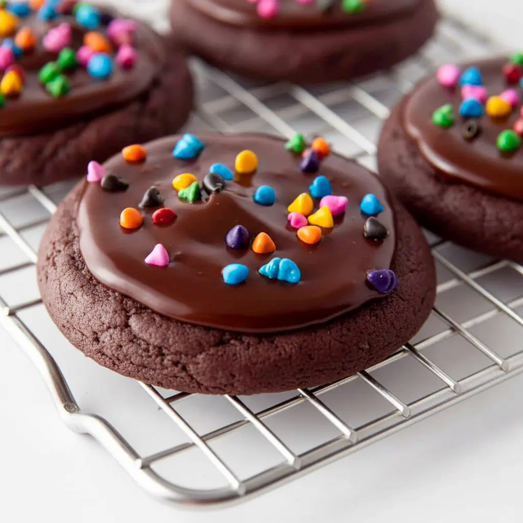 A stack of Cosmic Brownie Cookies with glossy chocolate frosting and colorful sprinkles, styled like a nostalgic Cookie Brownie Recipe and perfect for Fun Recipes Desserts.