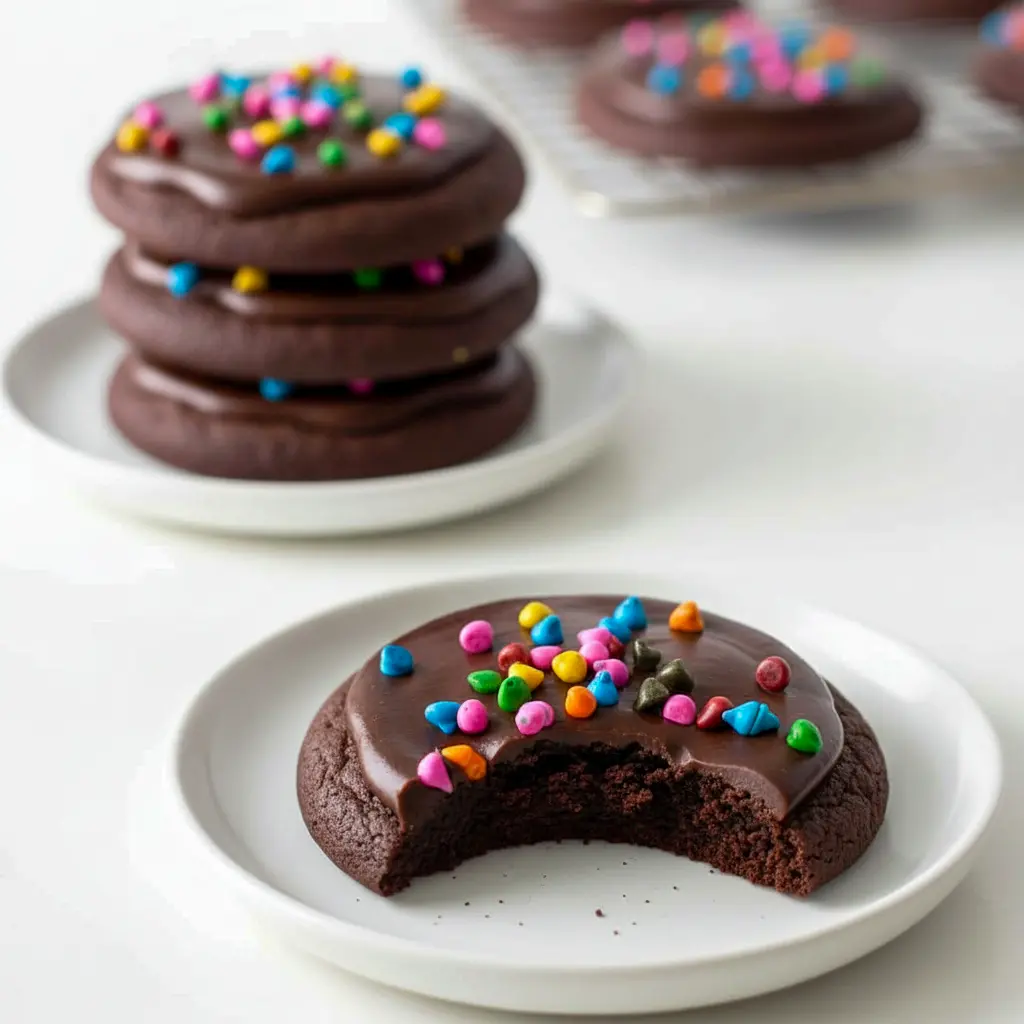 A stack of Cosmic Brownie Cookies with glossy chocolate frosting and colorful sprinkles, styled like a nostalgic Cookie Brownie Recipe and perfect for Fun Recipes Desserts.