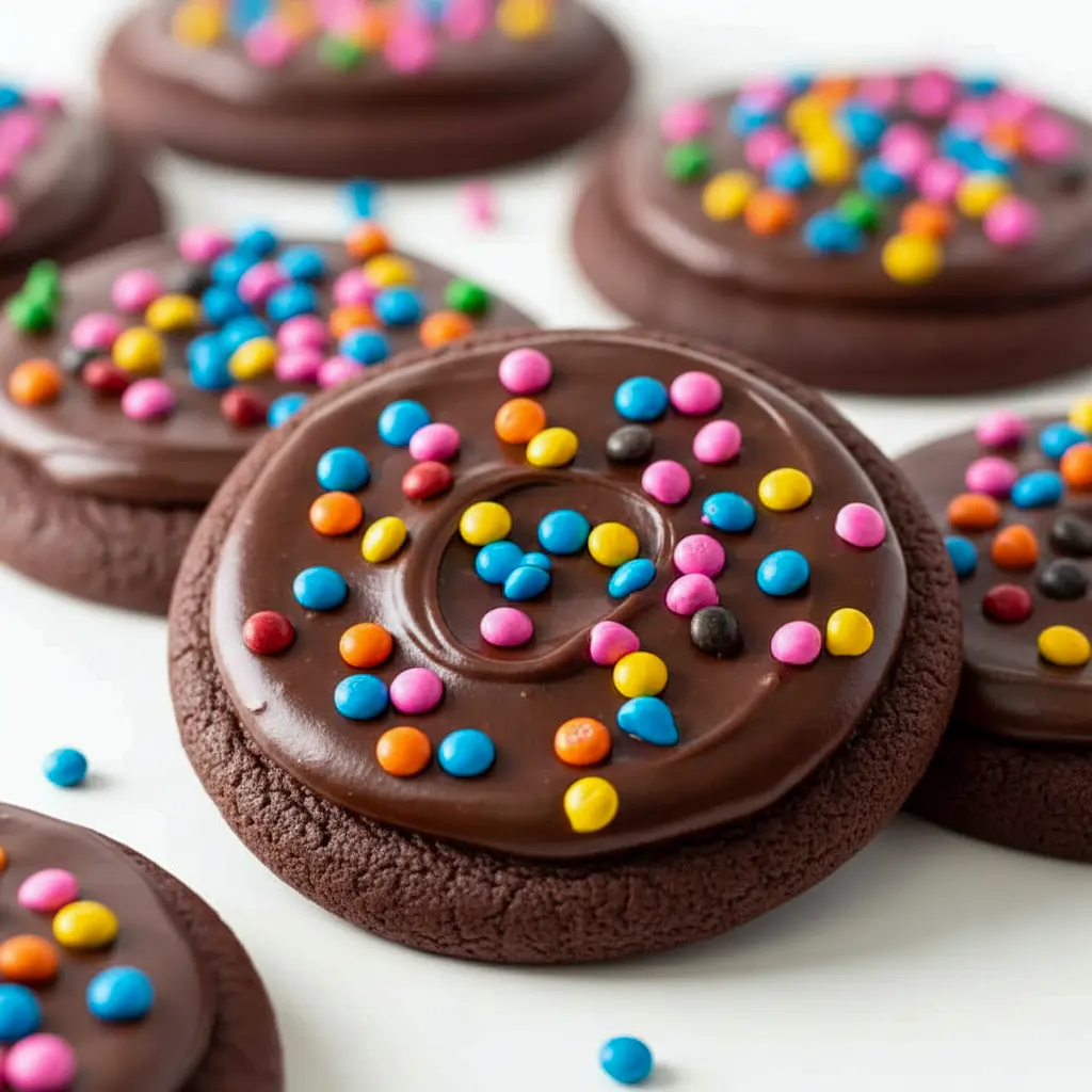 A stack of Cosmic Brownie Cookies with glossy chocolate frosting and colorful sprinkles, styled like a nostalgic Cookie Brownie Recipe and perfect for Fun Recipes Desserts.