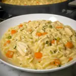 A cozy bowl of Creamy Chicken Pot Pie Orzo served as a comforting Family Dinner skillet meal with chicken, vegetables, and creamy sauce.