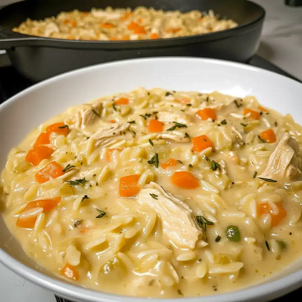 A hearty pan of Creamy Chicken Pot Pie Orzo with tender Orzo, shredded chicken, and golden vegetables for an easy weeknight dinner.