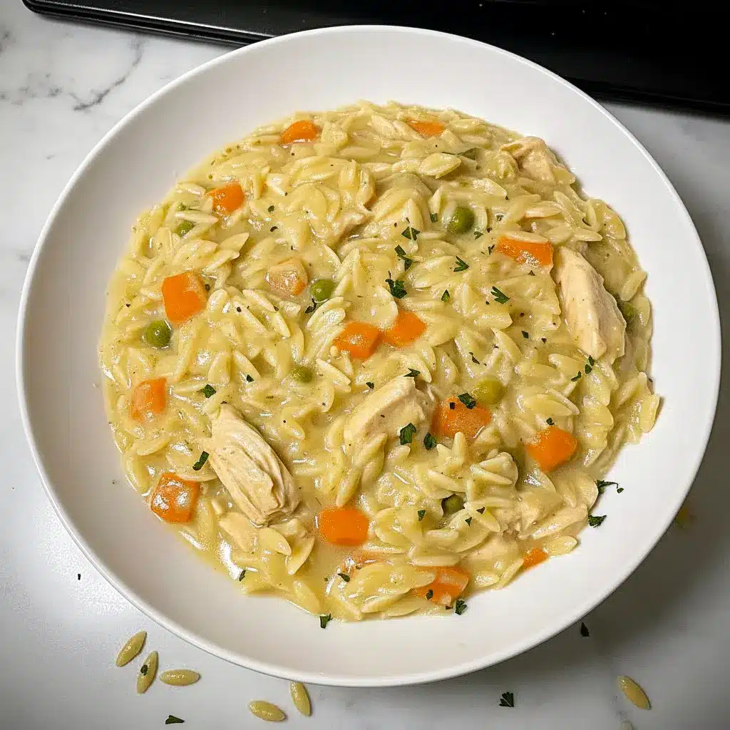 A warm skillet of Creamy Chicken Pot Pie Orzo inspired by classic Creamy Chicken Pot Pie flavors and topped with a rich, creamy sauce.