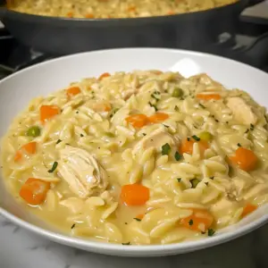 A cozy bowl of Creamy Chicken Pot Pie Orzo served as a comforting Family Dinner skillet meal with chicken, vegetables, and creamy sauce.