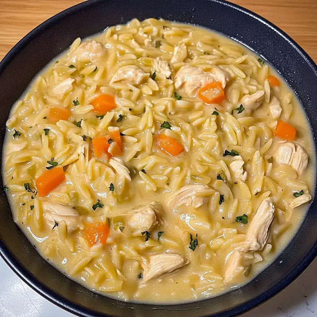 A bubbling serving of Creamy Chicken Pot Pie Orzo ready for Dinner Time, styled as one of those satisfying Food Dishes everyone wants seconds of.