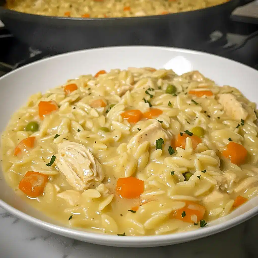 A cozy bowl of Creamy Chicken Pot Pie Orzo served as a comforting Family Dinner skillet meal with chicken, vegetables, and creamy sauce.