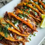 Crock Pot Birria Tacos served with crispy tortillas, shredded beef, fresh cilantro, diced onion, and rich dipping broth for a flavorful taco dinner.