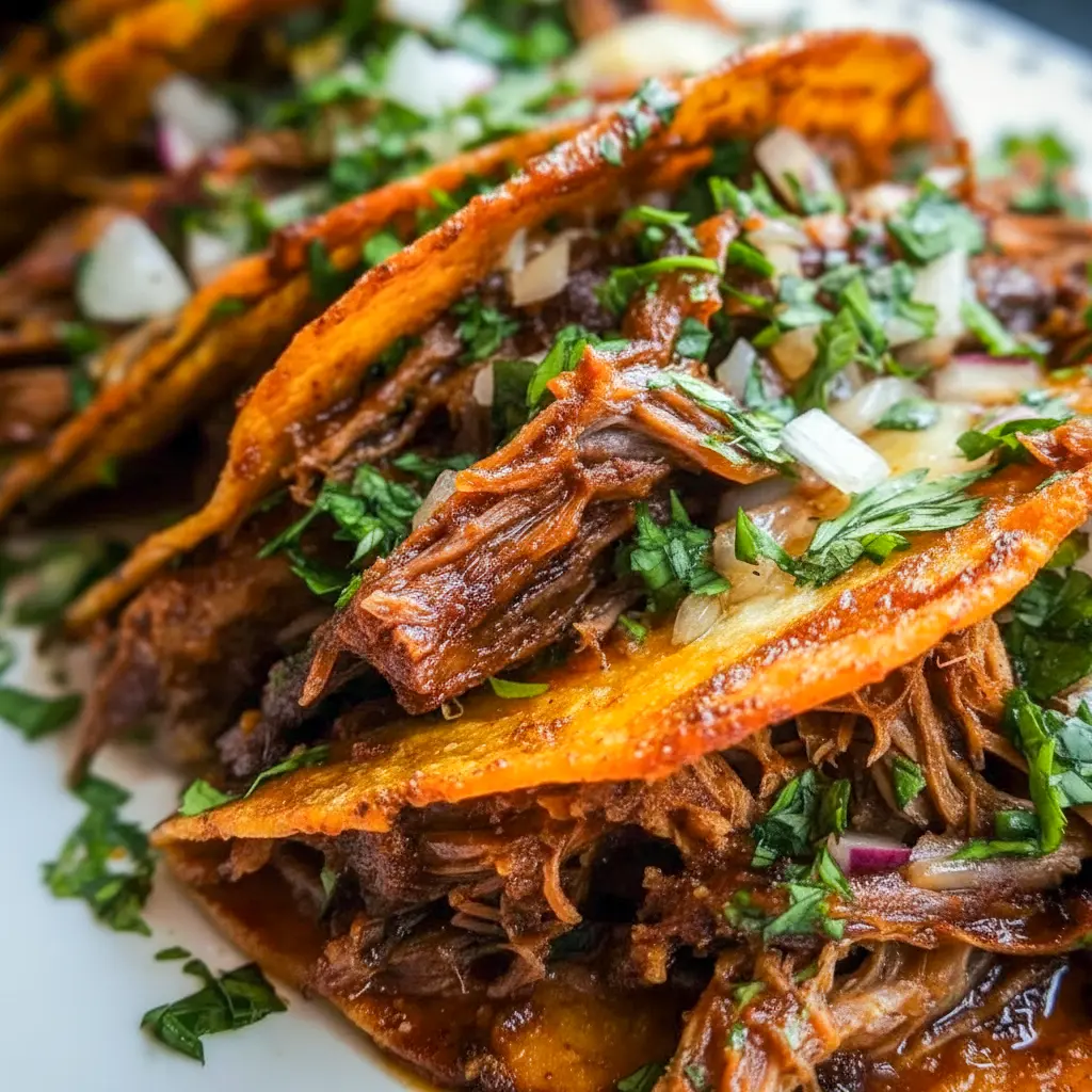 Crock Pot Birria Tacos served with crispy tortillas, shredded beef, fresh cilantro, diced onion, and rich dipping broth for a flavorful taco dinner.