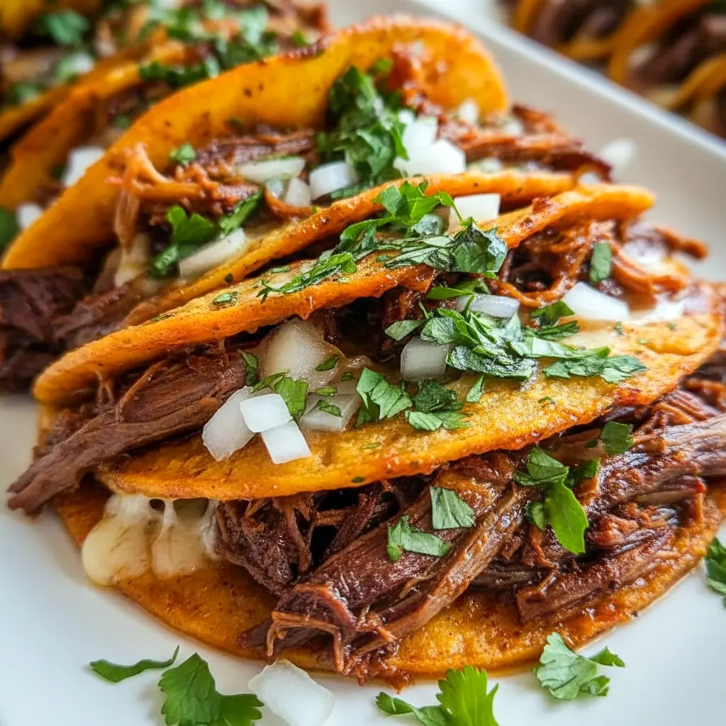 Crock Pot Birria Tacos served with crispy tortillas, shredded beef, fresh cilantro, diced onion, and rich dipping broth for a flavorful taco dinner.