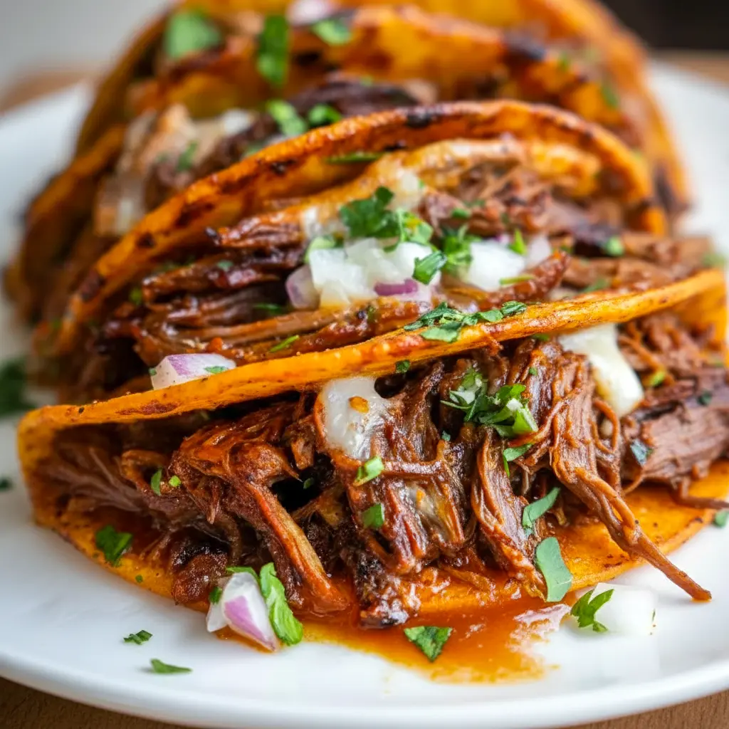 Crock Pot Birria Tacos served with crispy tortillas, shredded beef, fresh cilantro, diced onion, and rich dipping broth for a flavorful taco dinner.