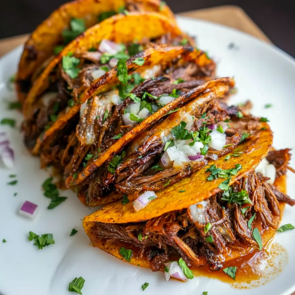 Crock Pot Birria Tacos served with crispy tortillas, shredded beef, fresh cilantro, diced onion, and rich dipping broth for a flavorful taco dinner.