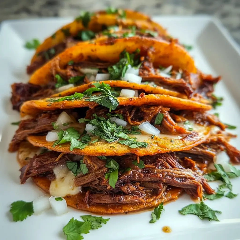 Crock Pot Birria Tacos served with crispy tortillas, shredded beef, fresh cilantro, diced onion, and rich dipping broth for a flavorful taco dinner.
