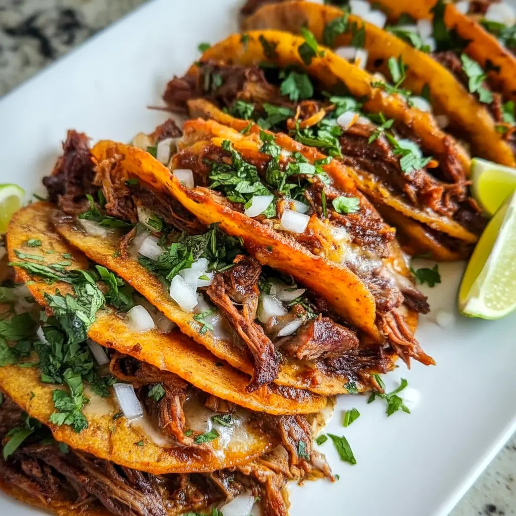 Crock Pot Birria Tacos served with crispy tortillas, shredded beef, fresh cilantro, diced onion, and rich dipping broth for a flavorful taco dinner.