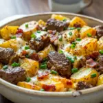 A bowl of Crockpot Loaded Steak and Potato Bake with cubed steak, soft potatoes, melted cheese, bacon bits, and green onions for a comforting Crockpot Steak And Potato Bake dinner.