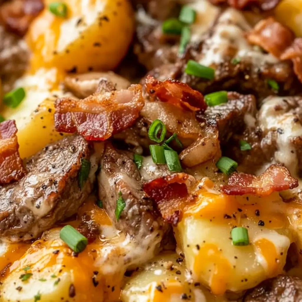 A bowl of Crockpot Loaded Steak and Potato Bake with cubed steak, soft potatoes, melted cheese, bacon bits, and green onions for a comforting Crockpot Steak And Potato Bake dinner.