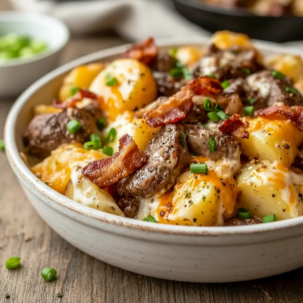 A bowl of Crockpot Loaded Steak and Potato Bake with cubed steak, soft potatoes, melted cheese, bacon bits, and green onions for a comforting Crockpot Steak And Potato Bake dinner.
