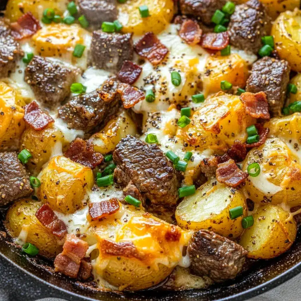 A bowl of Crockpot Loaded Steak and Potato Bake with cubed steak, soft potatoes, melted cheese, bacon bits, and green onions for a comforting Crockpot Steak And Potato Bake dinner.