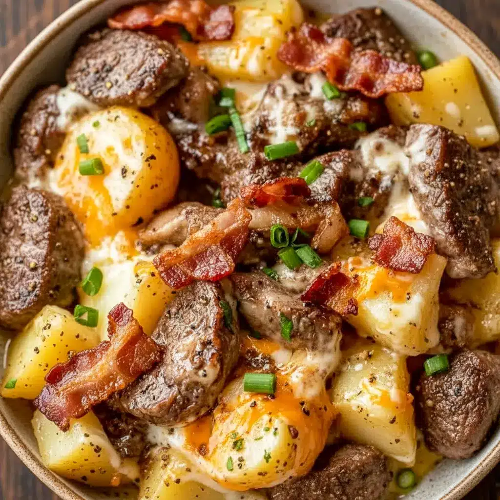 A bowl of Crockpot Loaded Steak and Potato Bake with cubed steak, soft potatoes, melted cheese, bacon bits, and green onions for a comforting Crockpot Steak And Potato Bake dinner.