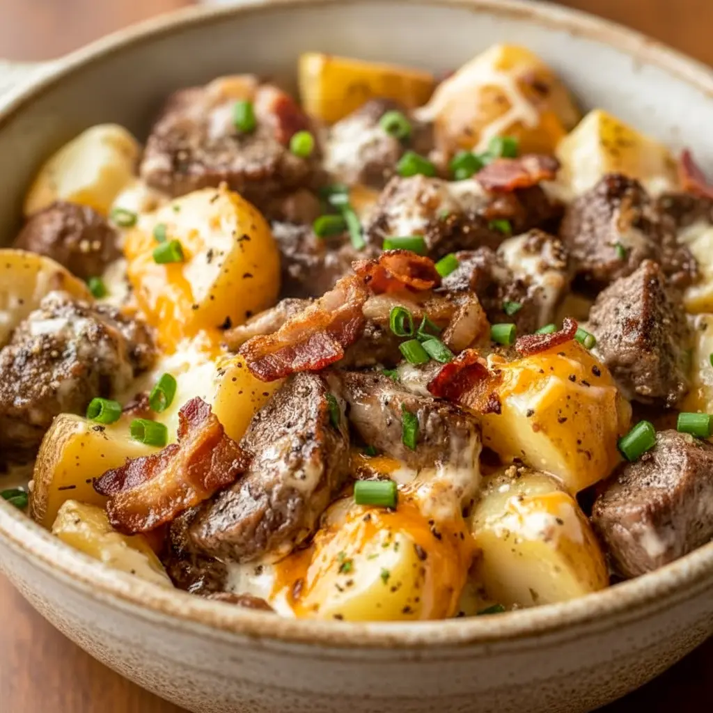 A bowl of Crockpot Loaded Steak and Potato Bake with cubed steak, soft potatoes, melted cheese, bacon bits, and green onions for a comforting Crockpot Steak And Potato Bake dinner.