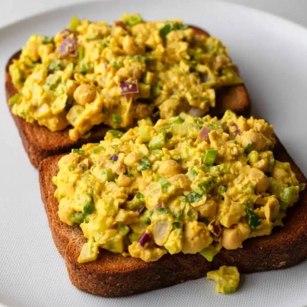 Bowl of Curried Chickpea Salad with a creamy curry dressing, celery, red onion, and herbs, styled as a Vegetarian Recipes Sandwich filling for a healthy lunch.