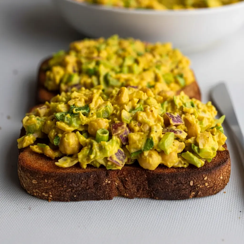 Bowl of Curried Chickpea Salad with a creamy curry dressing, celery, red onion, and herbs, styled as a Vegetarian Recipes Sandwich filling for a healthy lunch.