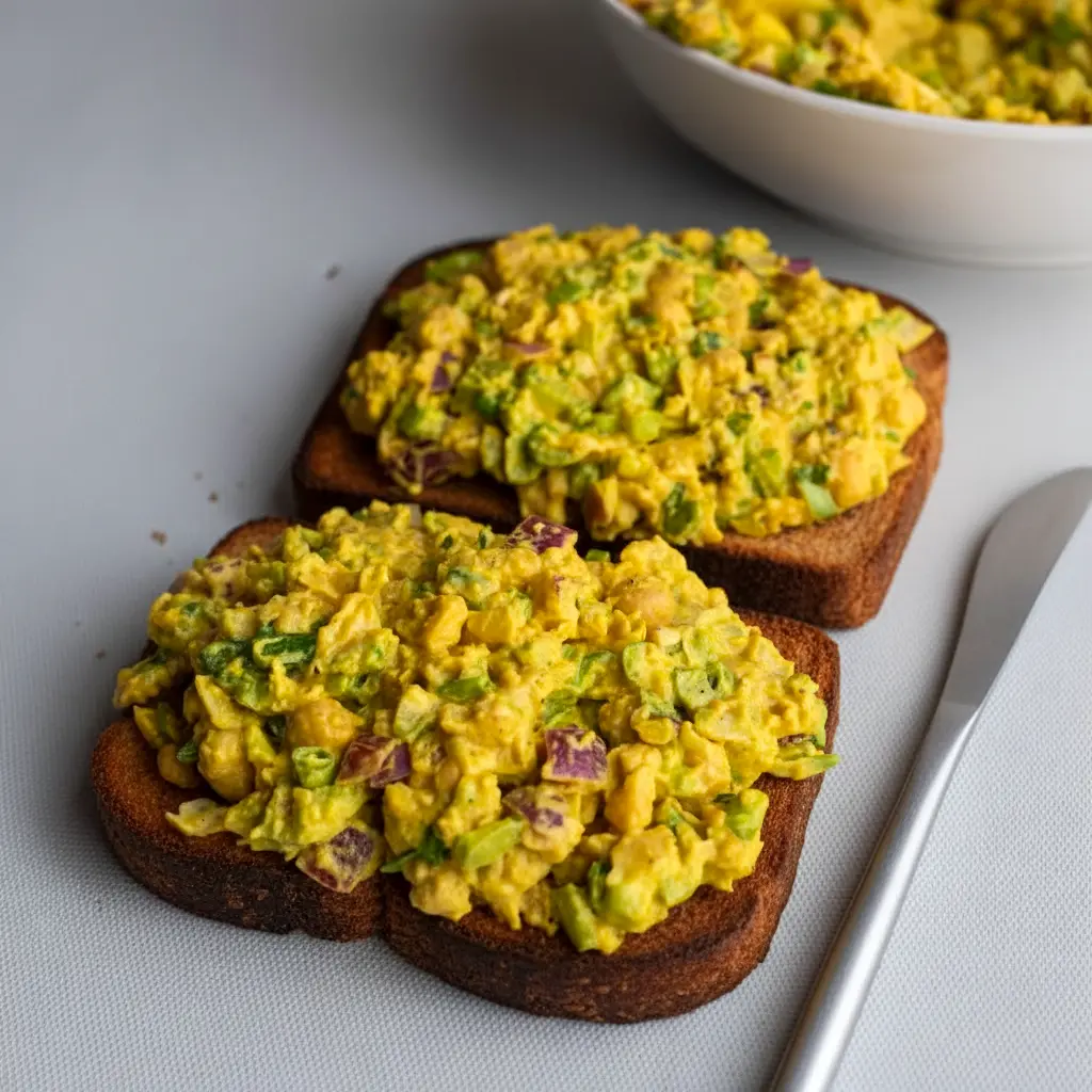 Bowl of Curried Chickpea Salad with a creamy curry dressing, celery, red onion, and herbs, styled as a Vegetarian Recipes Sandwich filling for a healthy lunch.