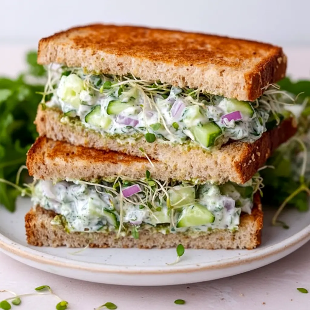 Crisp Cucumber Salad Sandwiches stacked with sprouts and red onion, showing a bright Healthy Lunch that fits into Receitas Vegetarianas.