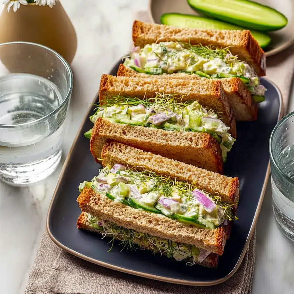 Light and creamy Cucumber Salad Sandwiches cut in half on a plate, creating one of the best Easy Lunches for busy days.