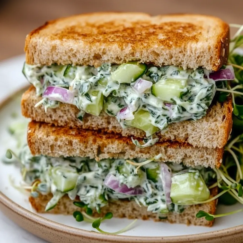 Fresh Cucumber Salad Sandwiches with tangy yogurt filling and cucumber crunch, pictured as a refreshing Soup And Salad style meal.