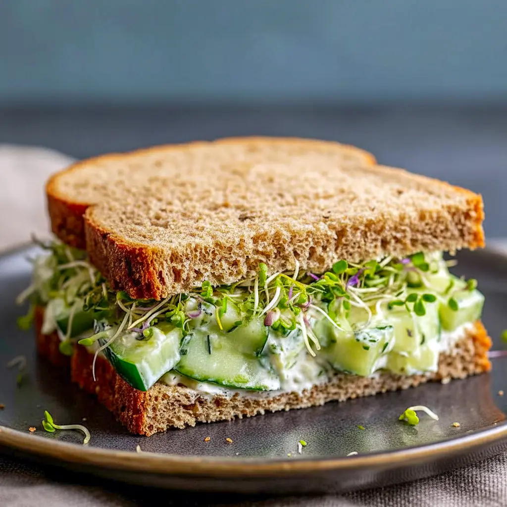 Fresh and crunchy Cucumber Salad Sandwiches served on whole-grain bread with creamy herbs and feta, styled as an Easy Cucumber Salad lunch.