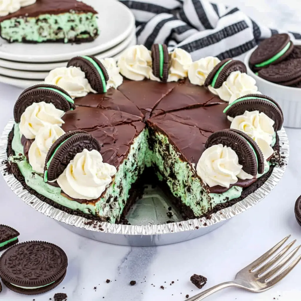 Grasshopper Pie topped with glossy chocolate ganache and crushed cookies, featuring a rich Grasshopper Pie Recipe With Oreos presentation.