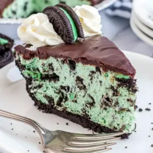 Grasshopper Pie served in a sliced chocolate Oreo crust with a creamy mint filling, showing a delicious Grasshopper Cheesecake No Bake dessert.