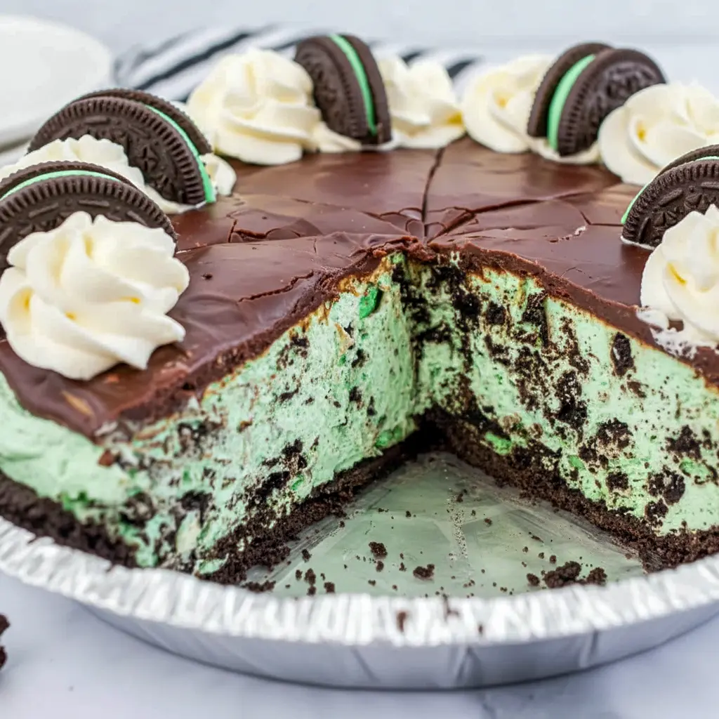 Grasshopper Pie in a holiday-style serving dish with mint chocolate layers, making it a perfect Simple St. Patrick's Day Dessert and Grasshopper Dessert.