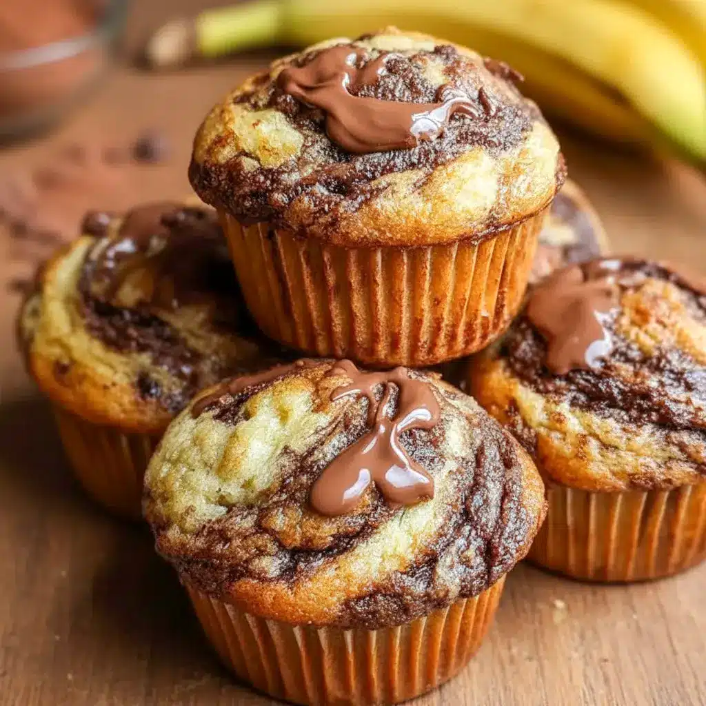 A tray of Nutella Banana Swirl Muffins with glossy bakery-style tops, styled as a sweet example of How To Make Nutella Swirl Muffins.