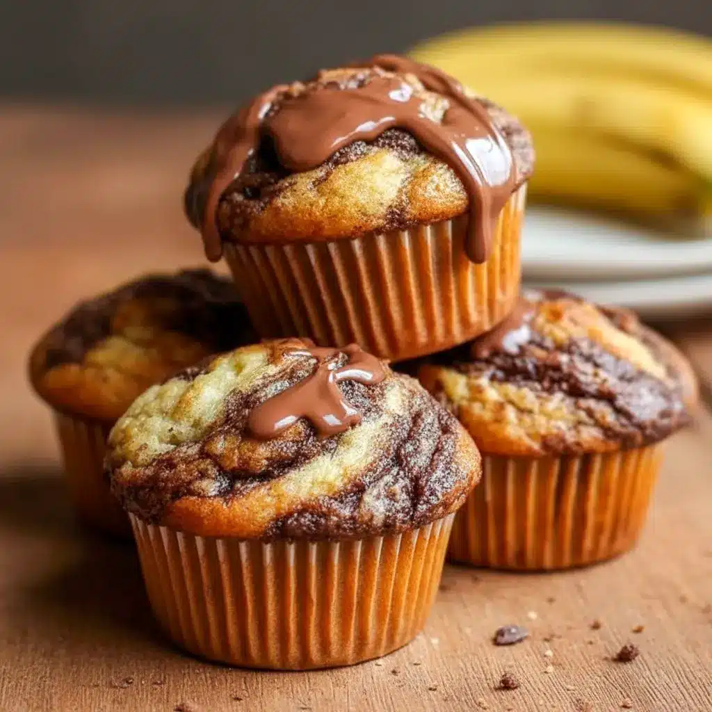 A tray of Nutella Banana Swirl Muffins with glossy bakery-style tops, styled as a sweet example of How To Make Nutella Swirl Muffins.