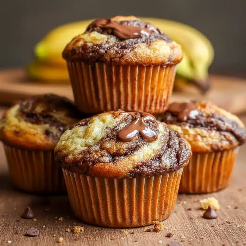 A tray of Nutella Banana Swirl Muffins with glossy bakery-style tops, styled as a sweet example of How To Make Nutella Swirl Muffins.