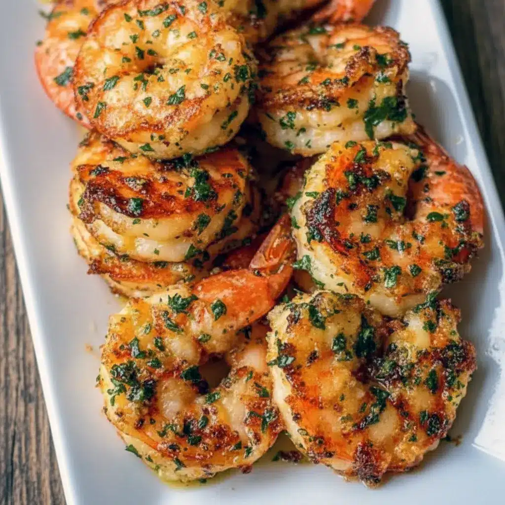 A tray of Garlic Parmesan Roasted Shrimp topped with herbs and lemon, styled as a simple and crowd-pleasing Shrimp Party Food.