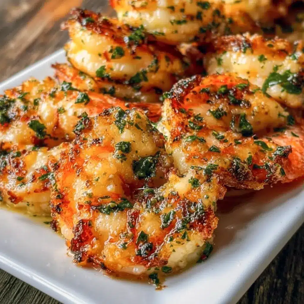 A tray of Garlic Parmesan Roasted Shrimp topped with herbs and lemon, styled as a simple and crowd-pleasing Shrimp Party Food.