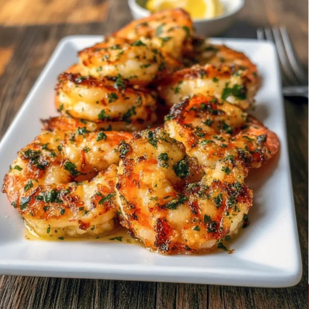 A tray of Garlic Parmesan Roasted Shrimp topped with herbs and lemon, styled as a simple and crowd-pleasing Shrimp Party Food.