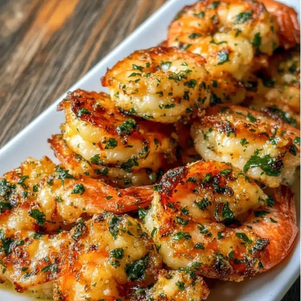 A tray of Garlic Parmesan Roasted Shrimp topped with herbs and lemon, styled as a simple and crowd-pleasing Shrimp Party Food.
