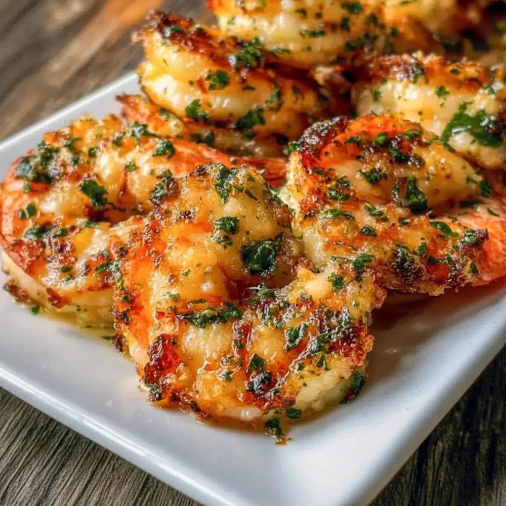 A tray of Garlic Parmesan Roasted Shrimp topped with herbs and lemon, styled as a simple and crowd-pleasing Shrimp Party Food.