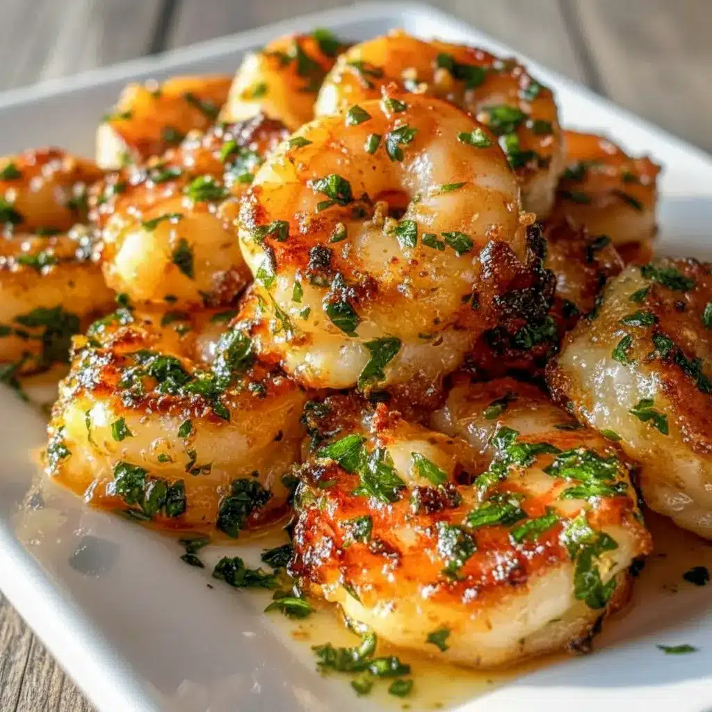 A tray of Garlic Parmesan Roasted Shrimp topped with herbs and lemon, styled as a simple and crowd-pleasing Shrimp Party Food.