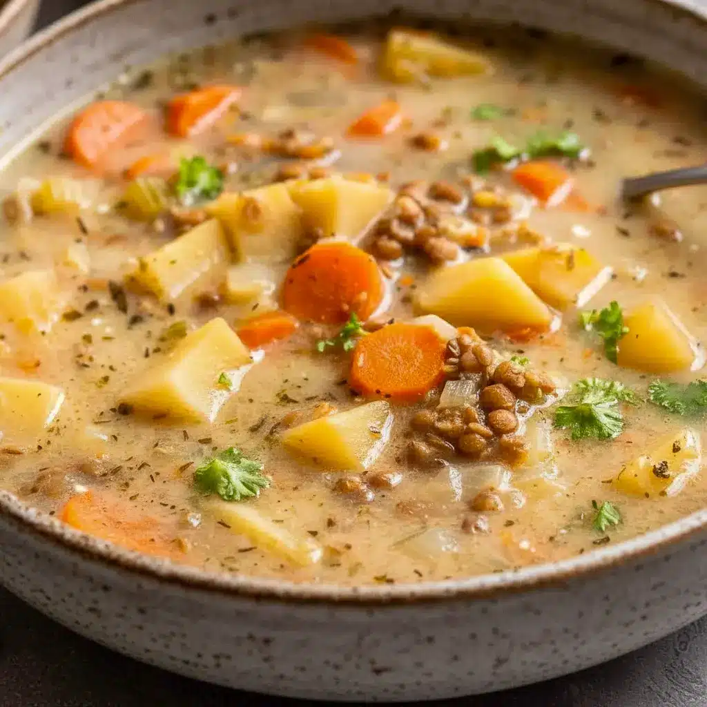 A cozy bowl of Lentil Potato Soup served as Vegetarian Lentil And Potato Soup with tender vegetables and fresh herbs.