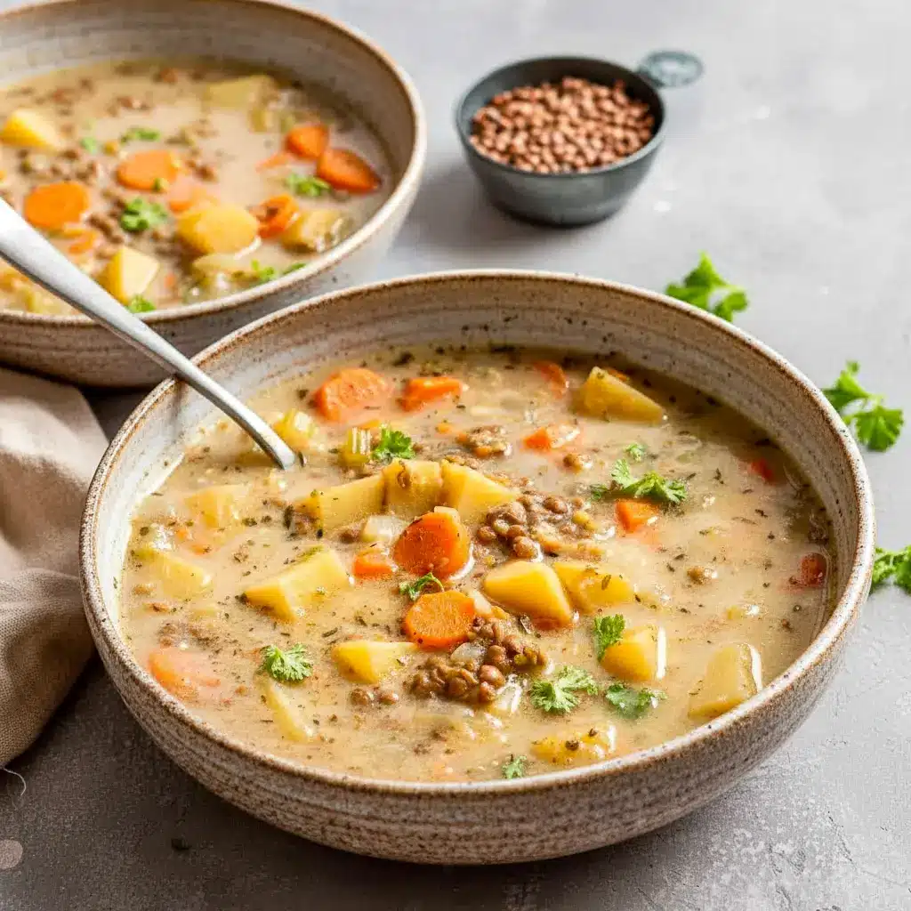 A cozy bowl of Lentil Potato Soup served as Vegetarian Lentil And Potato Soup with tender vegetables and fresh herbs.