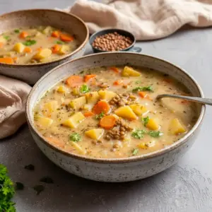 A cozy bowl of Lentil Potato Soup served as Vegetarian Lentil And Potato Soup with tender vegetables and fresh herbs.