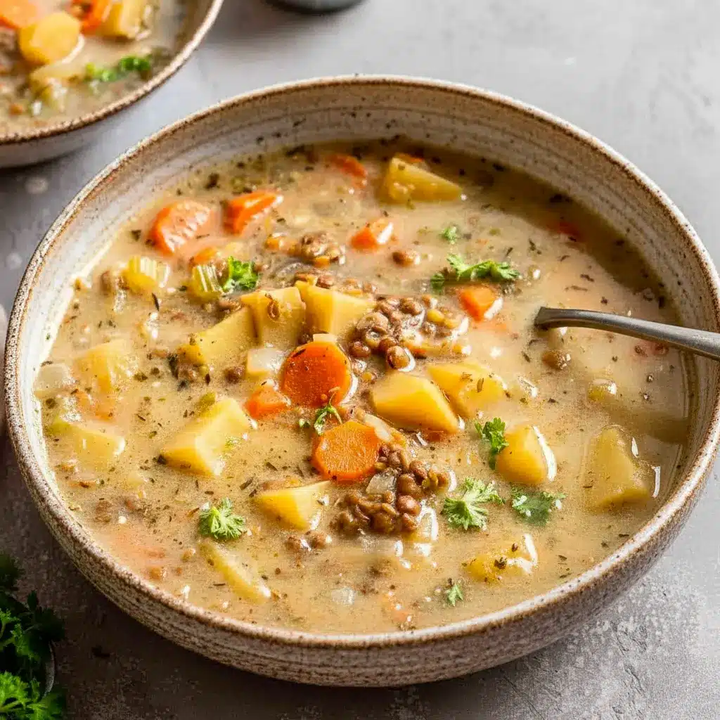 A cozy bowl of Lentil Potato Soup served as Vegetarian Lentil And Potato Soup with tender vegetables and fresh herbs.