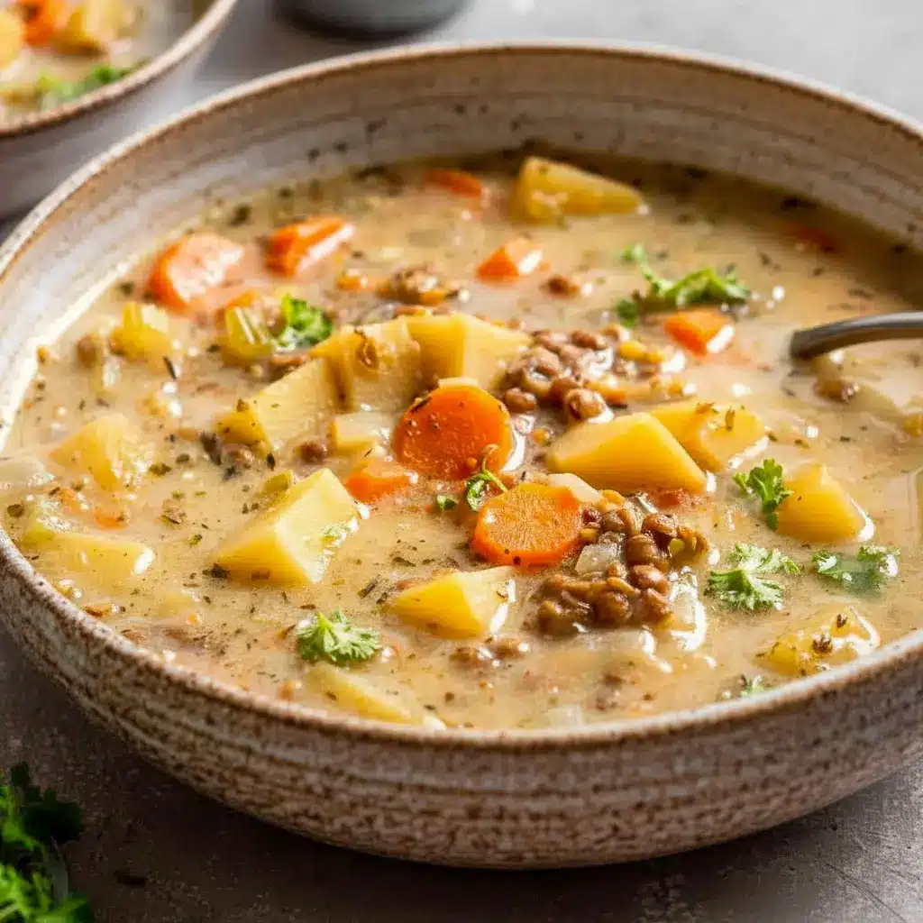 A cozy bowl of Lentil Potato Soup served as Vegetarian Lentil And Potato Soup with tender vegetables and fresh herbs.