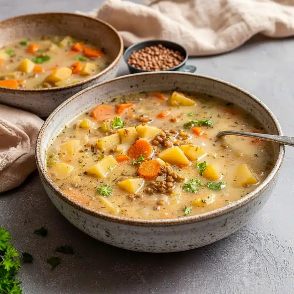 A cozy bowl of Lentil Potato Soup served as Vegetarian Lentil And Potato Soup with tender vegetables and fresh herbs.