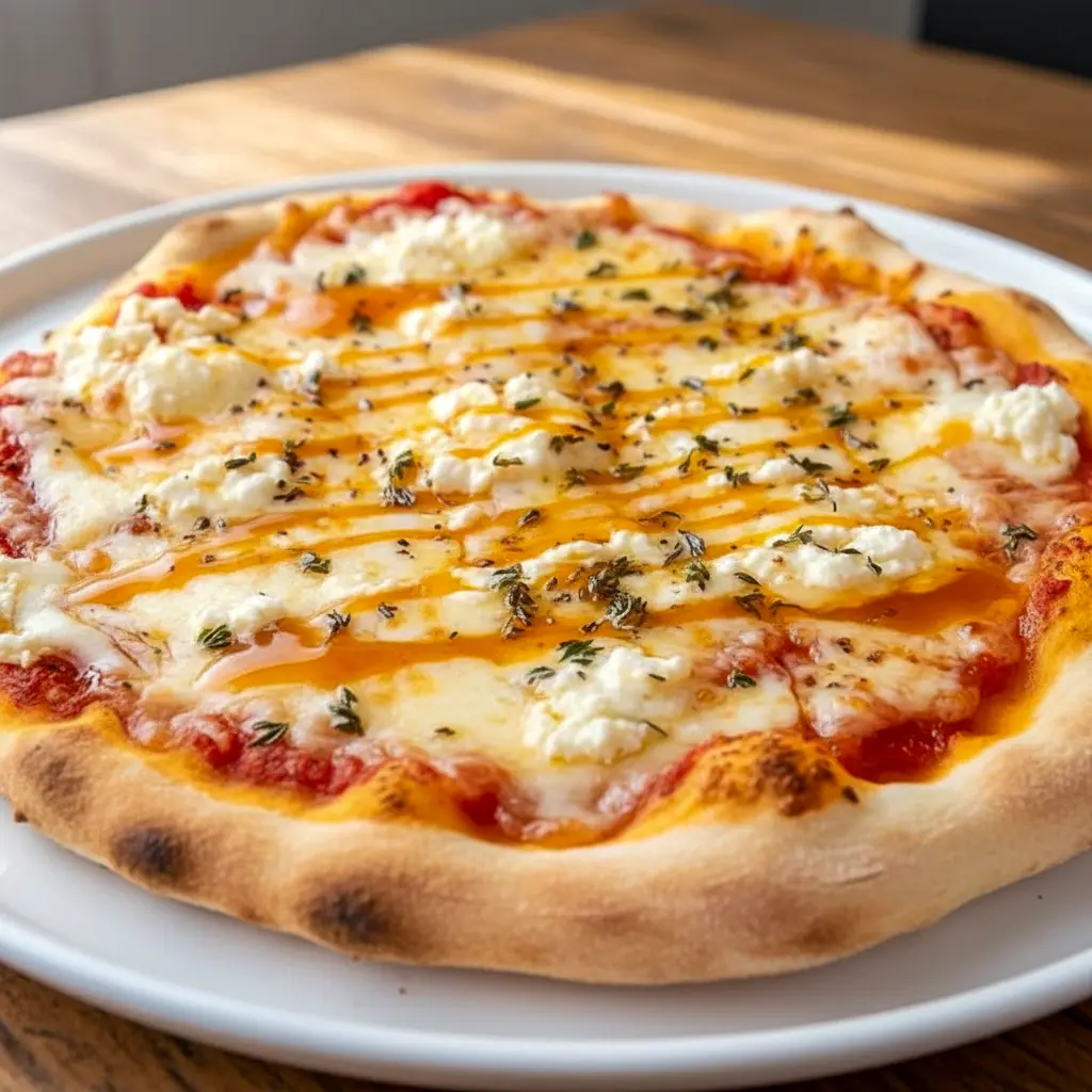 Cozy Hot Honey Ricotta Pizza with creamy cheese, golden crust, and a sweet-spicy finish, styled as one of the most delicious Specialty Pizza Recipes.